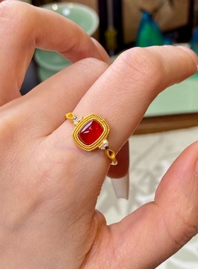 新中式金色花丝镶嵌红色锆石戒指女时尚轻奢高贵气质开口指环手饰