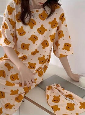 睡裙女夏季韩版春秋学生家居服可爱薄款短袖卡通宽松孕妇睡衣夏天