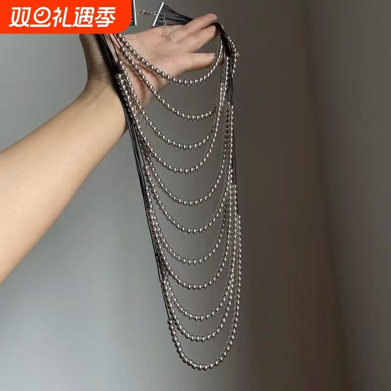 波西米亚高级银色仿珍珠夸张多层嘻哈女士项链长款个性复古毛衣链
