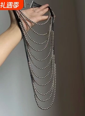 波西米亚高级银色仿珍珠夸张多层嘻哈女士项链长款个性复古毛衣链