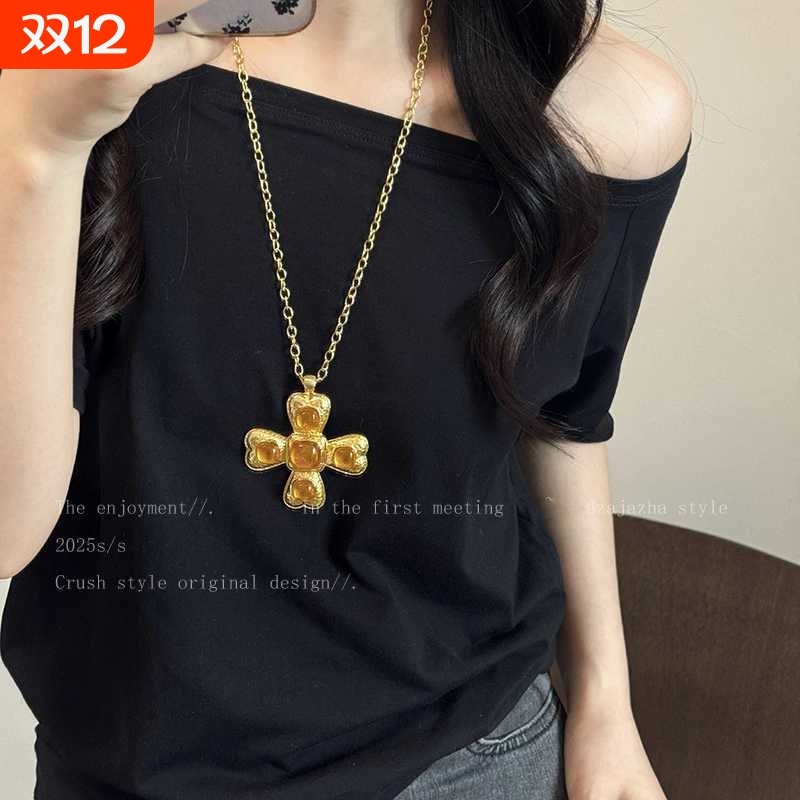 十字架项链长款中古信约 复古重工金色女小众设计毛衣链挂脖配饰