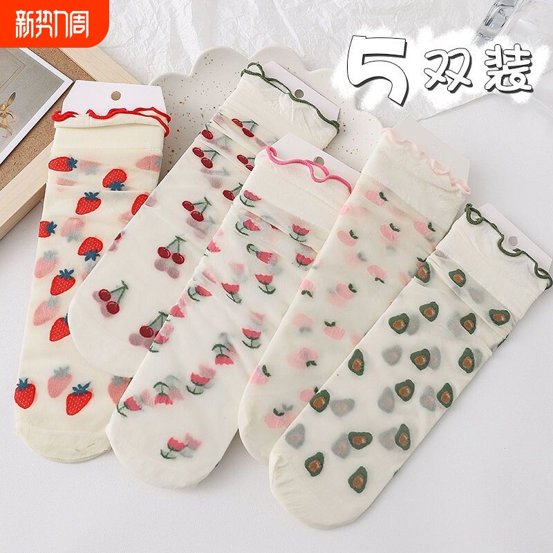 女童袜子夏季薄款防蚊中筒水果丝袜小学生女孩透明花边水晶长筒袜