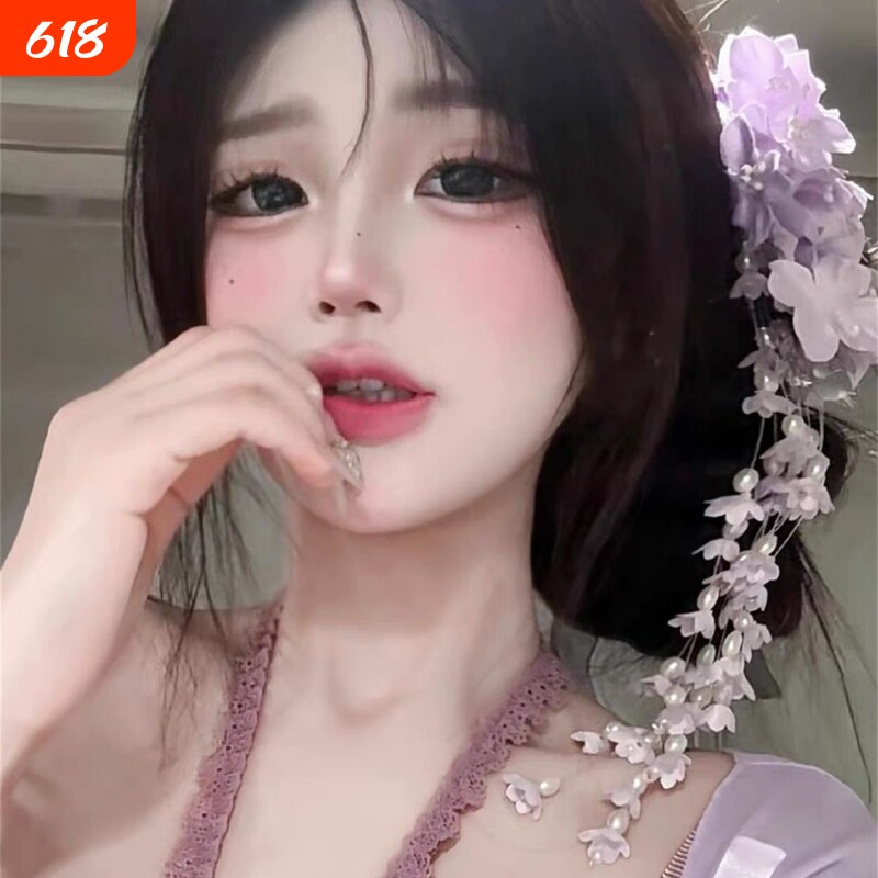 紫色花朵流苏发夹侧边夹新娘结婚头饰配饰拍照道具2024新款
