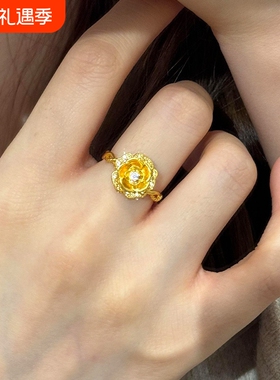 古法金色点钻玫瑰花戒指