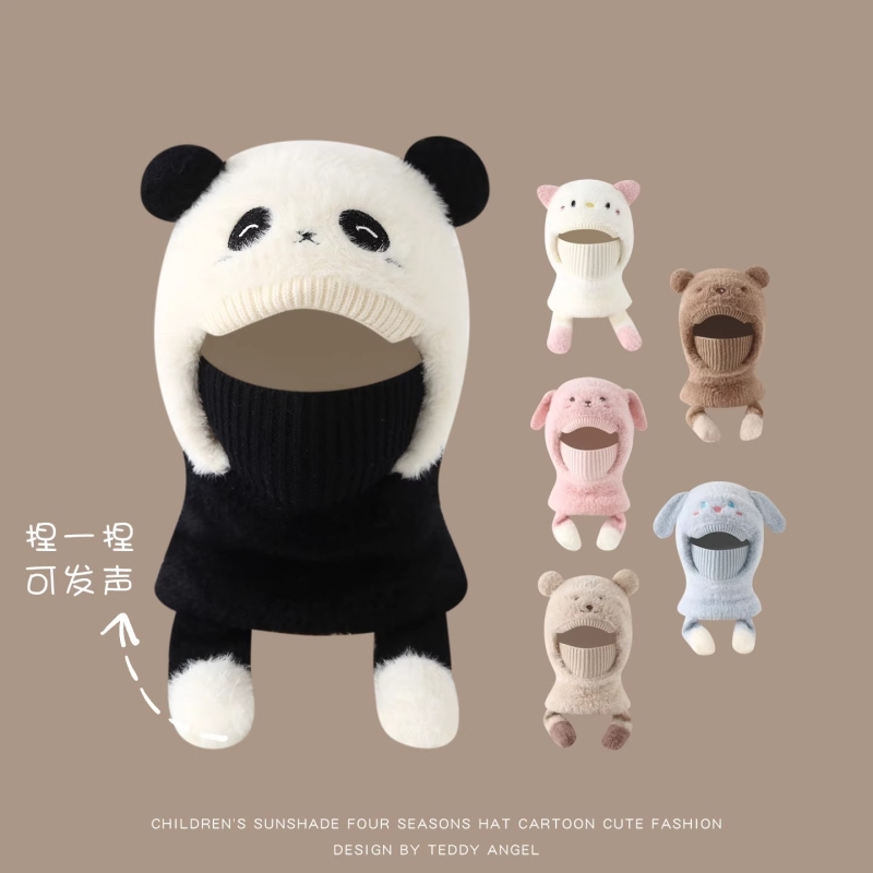 儿童护耳帽子口罩围脖一体帽冬季保暖男童女童加厚套头帽熊猫防风