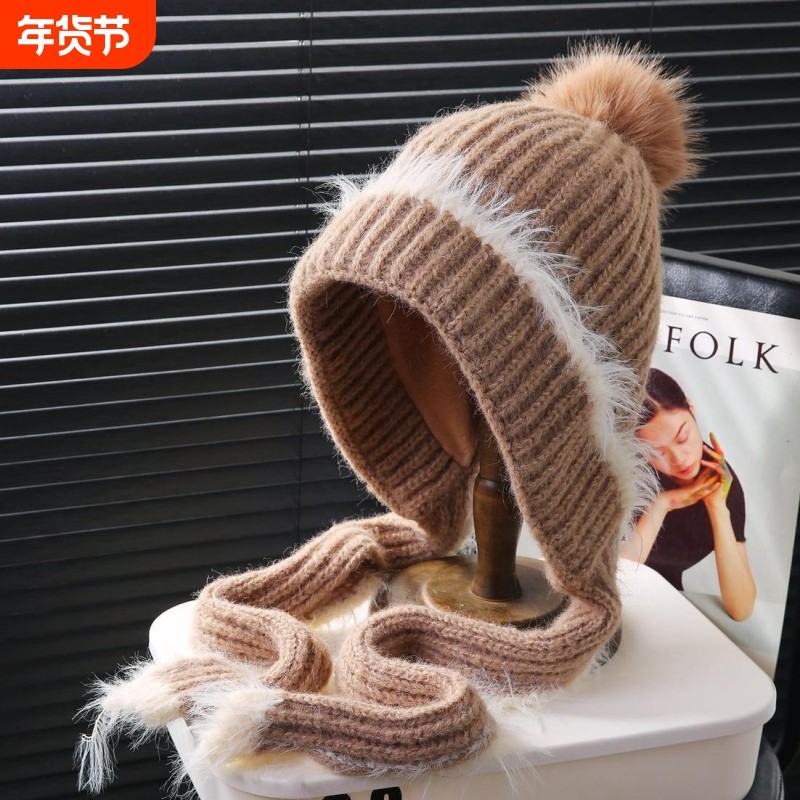 冬天韩版毛线帽子女时尚保暖针织帽长围巾显脸小加绒护耳针织帽子,服饰配件/皮带/帽子/围巾,帽子,淘宝优惠券,粉丝福利购,淘宝优惠卷