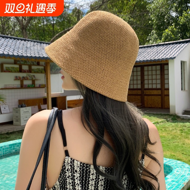 日系显脸小针织水桶帽春夏遮阳防晒透气渔夫帽女网红黑色盆帽