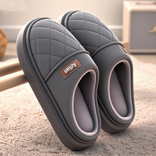 防水男士棉拖鞋秋冬季2025室内居家防滑皮面厚底毛拖鞋女冬天外穿