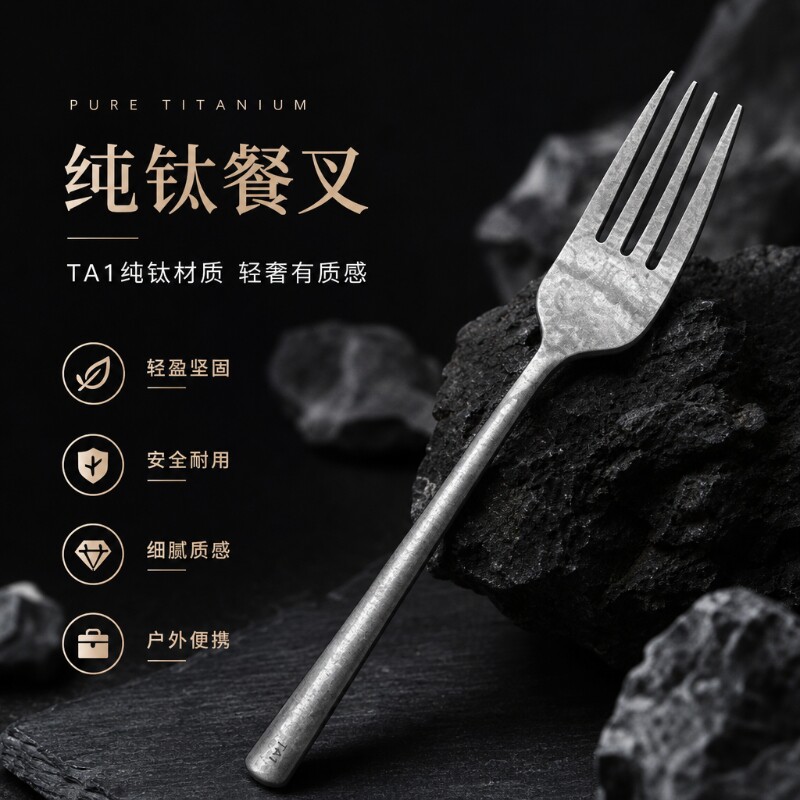 TA1纯钛叉子家用吃饭水果沙拉牛排叉钛户外旅行便携式高档钛餐具