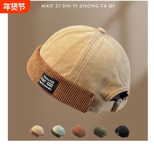 日系灯芯绒复古瓜皮帽男秋冬季嘻哈雅痞帽子女地主帽潮绿色显脸小