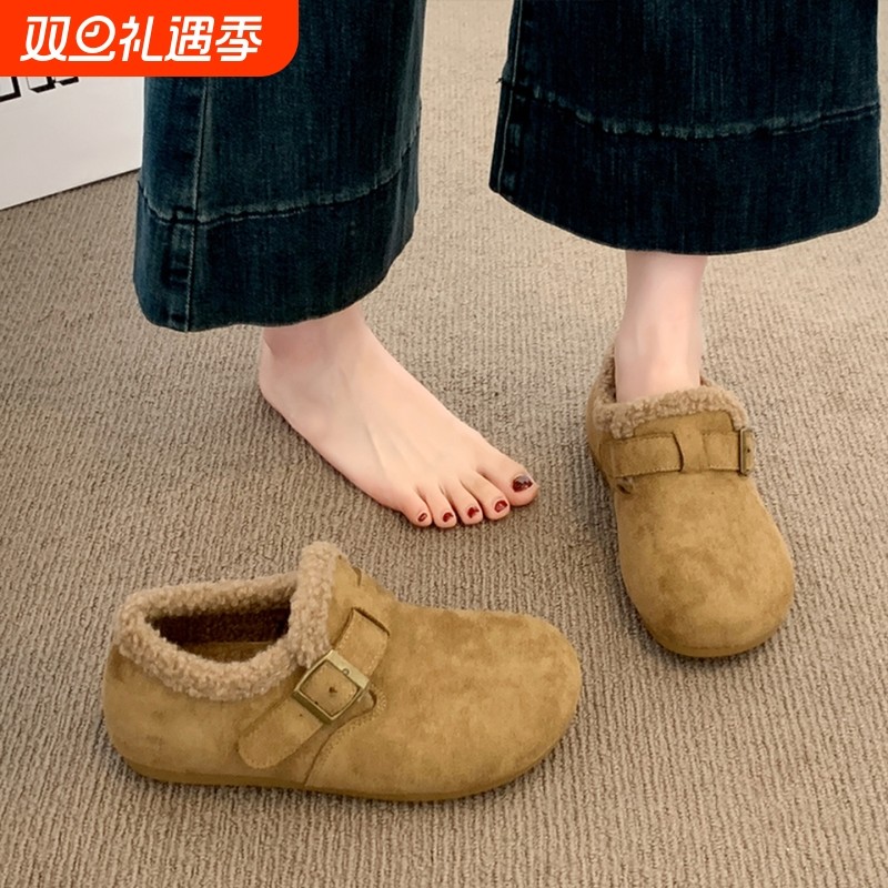 加绒勃肯鞋女2025新款秋冬季豆豆乐福鞋子毛毛棉鞋保暖低帮雪地靴