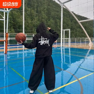 潮牌斯图西Stu卫衣连帽黑八刺绣运动跑步宽松套头上衣秋樱桃帽子