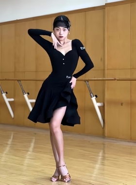 臻舞新款拉丁舞服成人拉丁上衣鱼骨半裙艺考班服冬季黑色表演伦巴