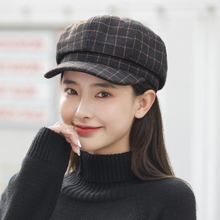 贝蕾帽女秋冬2024帽子八角帽画家大脸英伦韩版软顶短檐格子鸭舌帽
