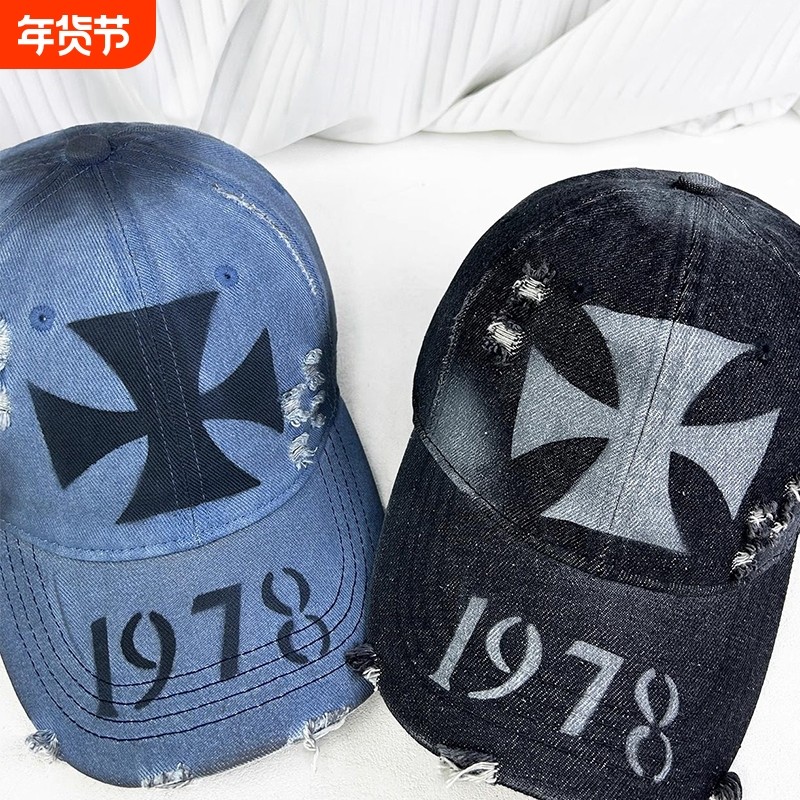 美式复古牛仔个性手绘印花十字架棒球帽男女街头嘻哈显脸小鸭舌帽