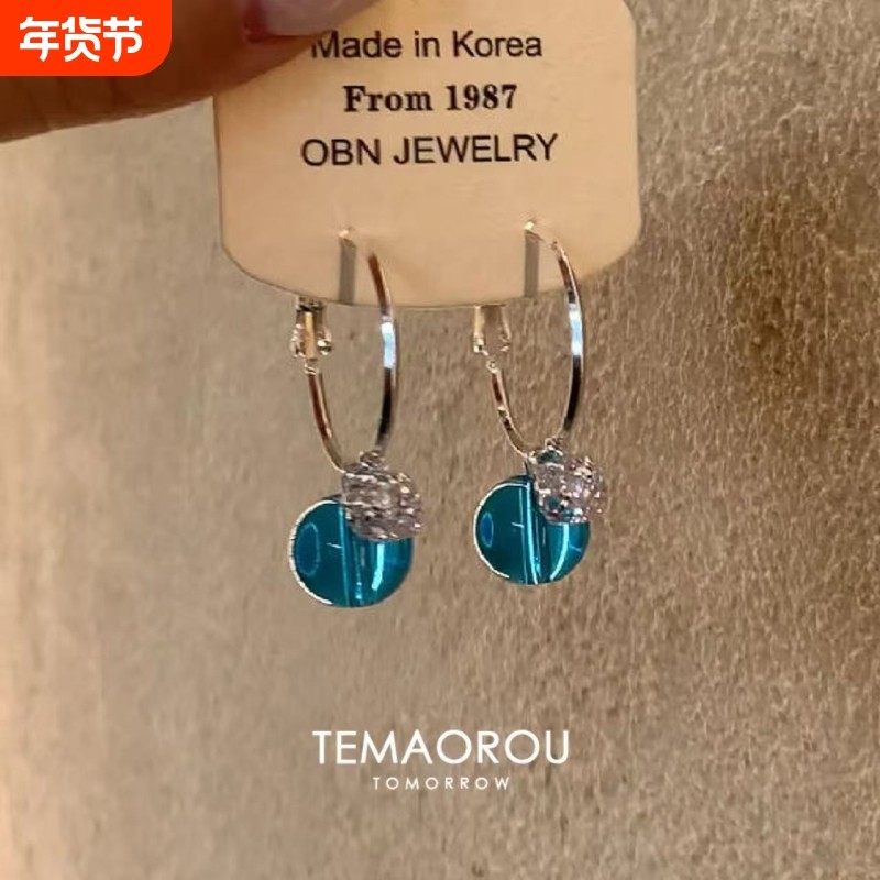 2025新款清透蓝色球球吊坠爆闪耳圈女款适合夏季的耳饰圈圈耳环