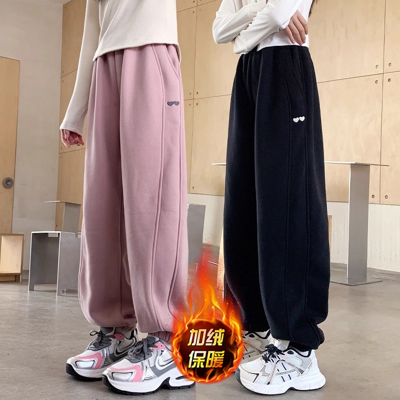 女童裤子加绒卫裤秋冬款2025儿童黑色大童秋季休闲运动裤洋气粉色