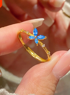蓝色蝴蝶戒指女海蓝宝锆石指环