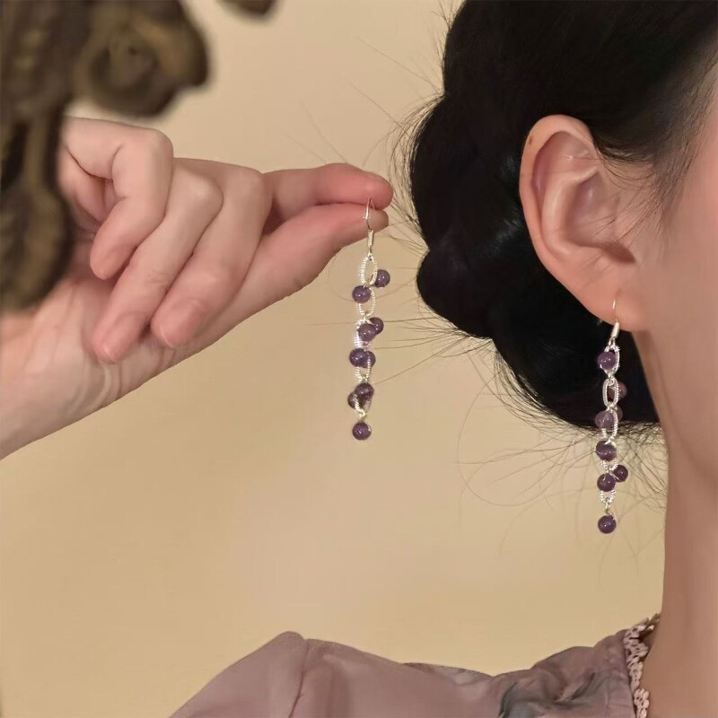「紫露聆风」复古紫色串珠葡萄流苏耳环女小众独特漂亮旗袍耳饰品