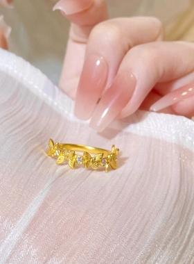 复古时尚轻奢镶钻金色蝴蝶戒指女小众设计感指环高级感开口可调节