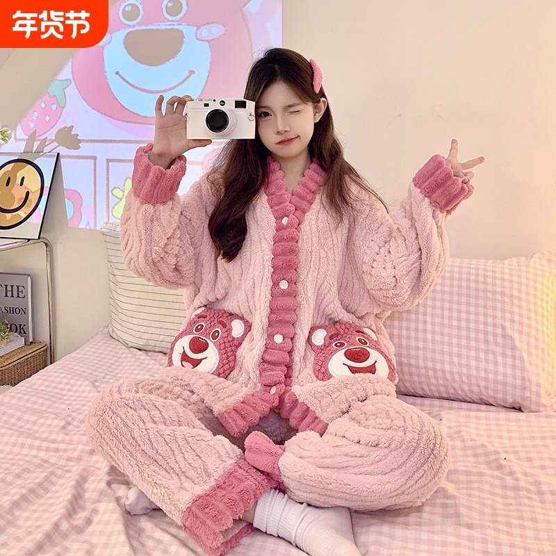 珊瑚绒睡衣女冬季2026加厚加绒法兰绒小香风草莓熊家居服套装甜美