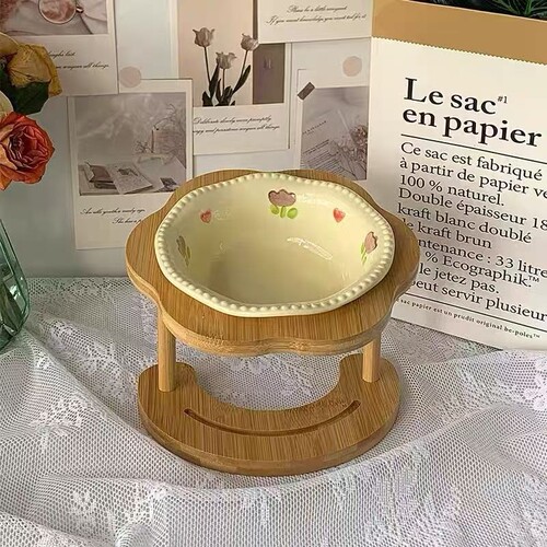 可爱波点陶瓷碗高脚木架猫咪粮碗狗狗保护颈椎狗食盆防打翻喝水碗