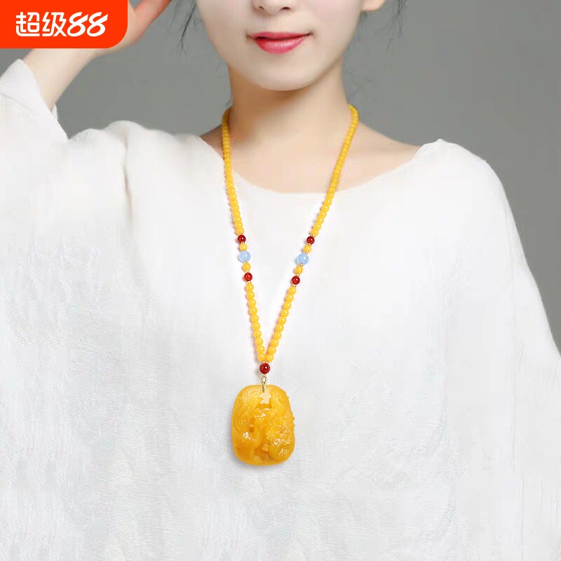 附证书天然老蜜蜡龙凤牌吊坠女项链无事牌琥珀牡丹貔貅毛衣链情侣