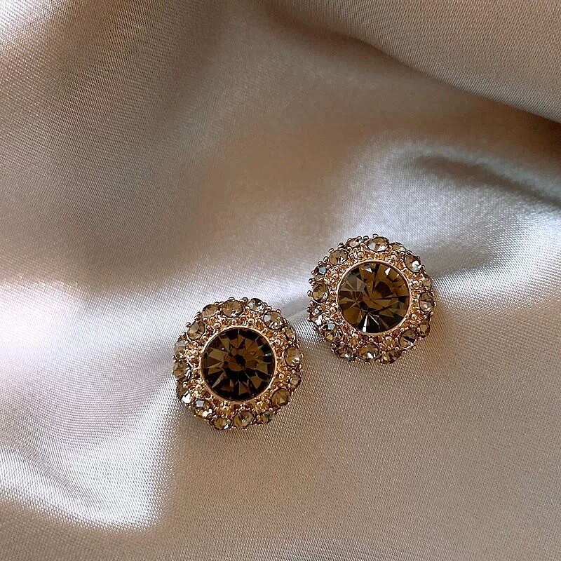 高级感枪灰色镶钻水晶圆形耳钉女新款2025爆款耳环精致耳饰品