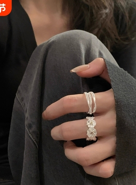 复古多层缠绕开口戒指女高级感食指戒ins冷淡风指环小众设计花朵