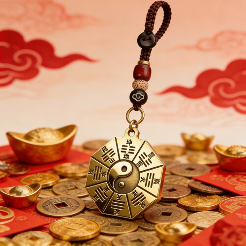 【八卦镜】真黄铜护平安开好运钥匙扣挂件 越磨越亮
