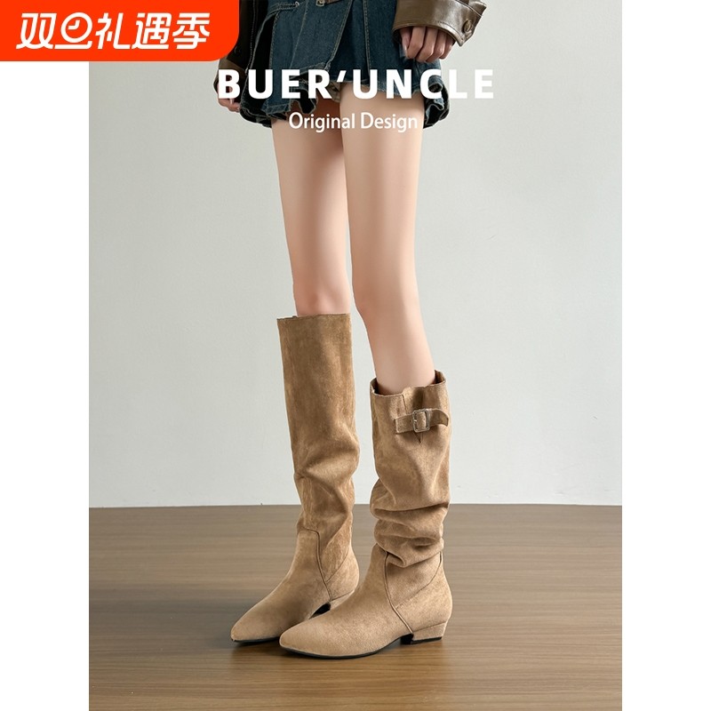 羊皮版~慵懒感长筒靴女秋冬季复古堆堆靴法式尖头显瘦高筒靴长靴