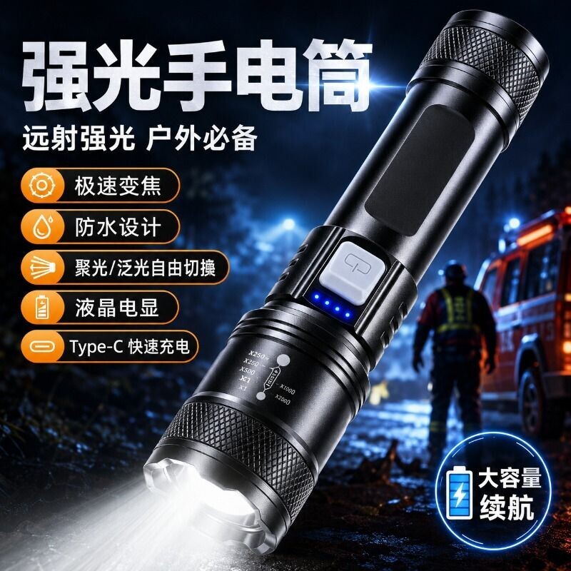 强光手电筒充电变焦小型便携户外炮远射聚光手电超亮照明锂电池