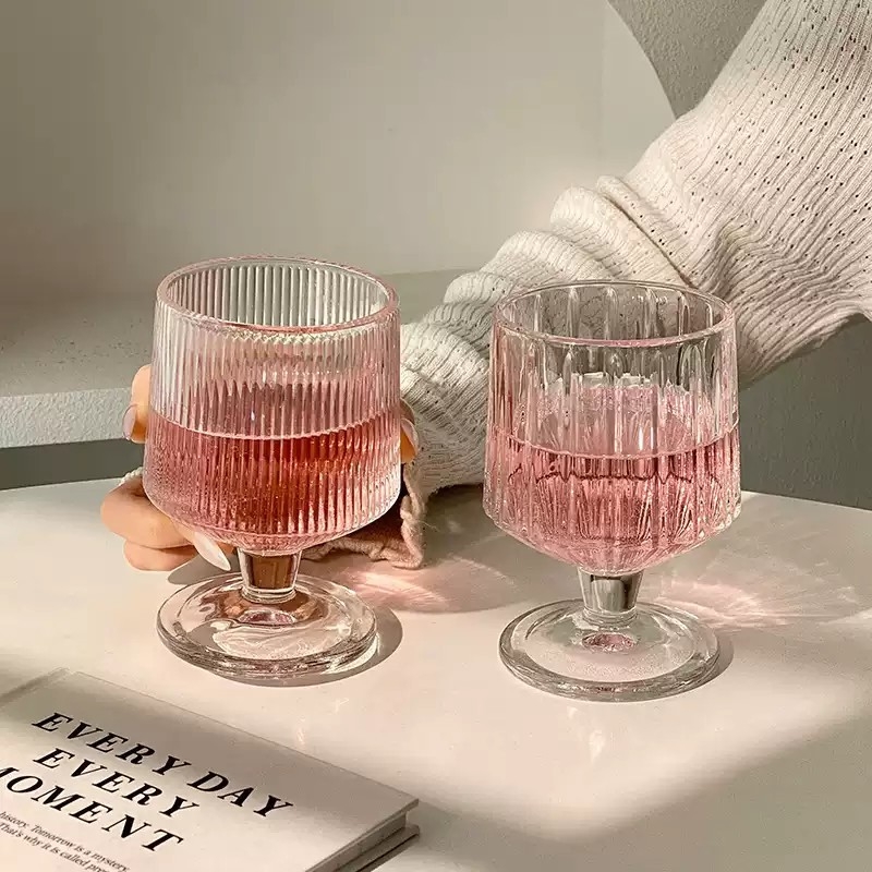 竖条纹矮款脚杯子ins高颜值家用玻璃杯饮料果汁水杯洋酒杯冰淇淋