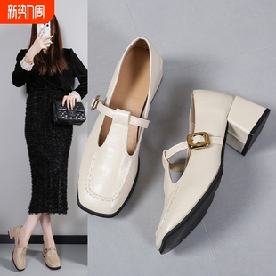 复古玛丽珍鞋 流行法式 女方头粗跟浅口单鞋 时尚 一字扣带中跟鞋 韩版