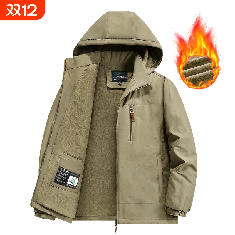 爆款防水防风面料加绒加厚夹克男户外冲锋衣可脱帽宽松休闲外套