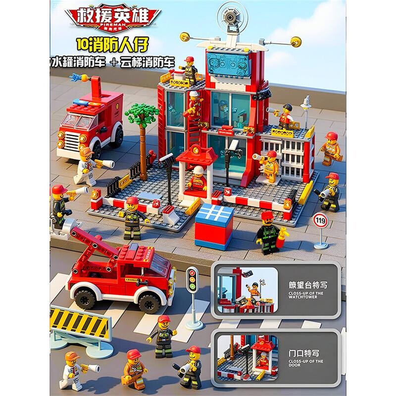 2026新款消防系列积木洒水云梯车拼装玩具男女孩儿童礼物立体拼插