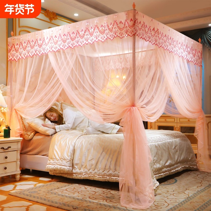 三开门蚊帐带加粗支架加密加厚1.5米1.2米帐纱落地家用宫廷纹帐子