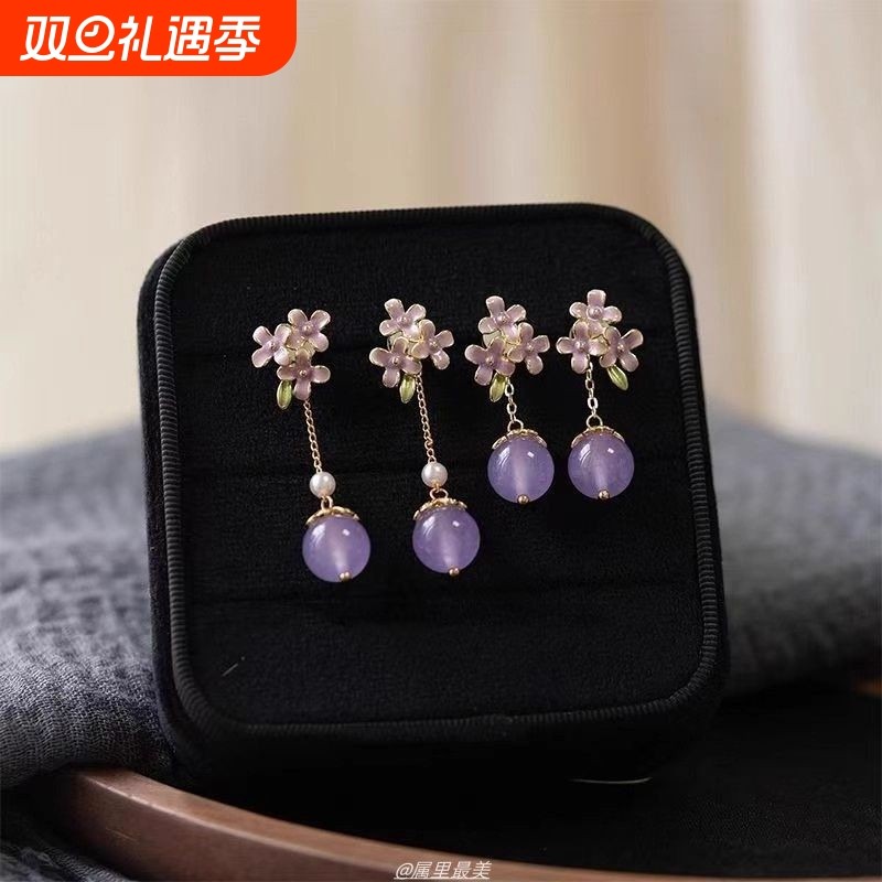 绝美气质仿水晶吊坠花朵耳钉轻奢高级感耳环紫色大气耳饰一款两戴