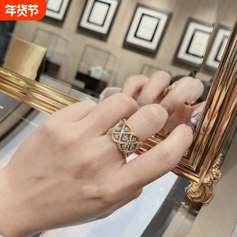 轻奢小众复古金色宽版镶钻蕾丝戒指中古宫廷风镂空设计感新款指环
