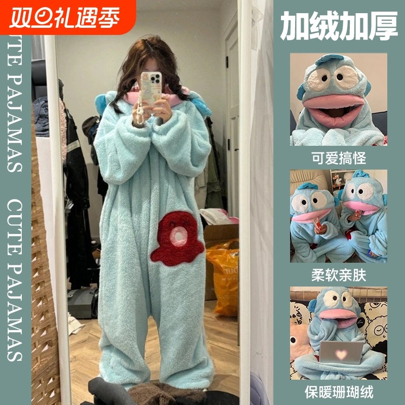 小丑鱼睡衣连体女珊瑚绒加厚保暖秋冬季卡通大嘴鱼搞怪家居服睡袍