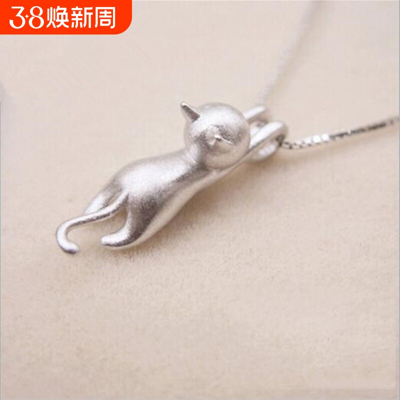 可爱喷砂猫咪纯银项链套链韩版时尚爆款银饰品锁骨链女