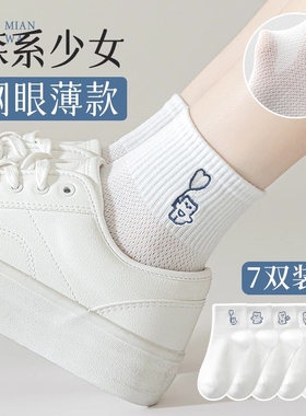 袜子女款春夏季薄款短袜纯棉网眼透气女袜卡通可爱少女白色运动袜