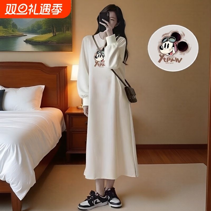 孕妇装连衣裙秋冬季侧开叉纯棉长袖T恤裙孕妇裙宽松大码遮肚子