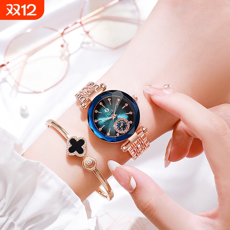 女士钢带手表全自动机芯手表夜光双日历手链手表韩版时尚石英表