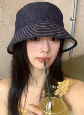 牛仔帽渔夫帽2026春秋女户外防晒帽子大头围遮阳盆帽折叠黑色双面