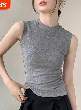 小圆领吊带背心女夏外穿2025新款显瘦灰色无袖打底上衣潮半高领