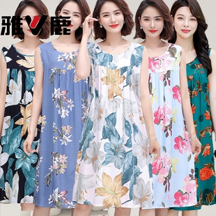 雅鹿睡裙女夏季棉绸人造棉睡衣连衣裙加肥大码妈妈装薄宽松家居服