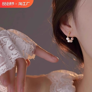 925银针珍珠耳圈女法式 百搭气质大气轻奢耳环精致 高级小众时尚