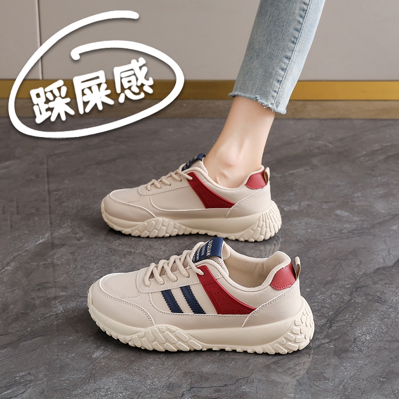 啄木鸟秋季女鞋皮面运动休闲鞋2025新款学生板鞋ins潮跑步鞋34码