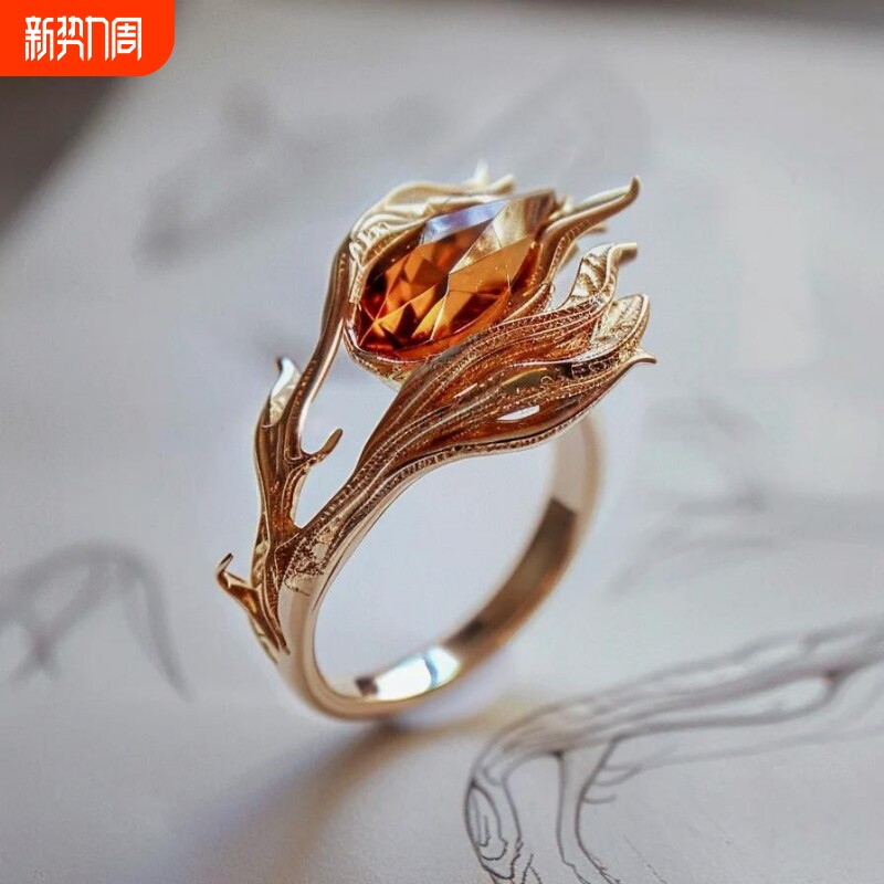 火焰凤凰之环芬达石色橙锆石戒指女小众设计古法花丝碧玺彩宝钻戒